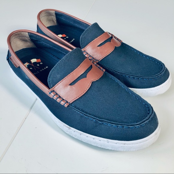 Cole Haan Other - COLE HAAN Canvas Slip On Penny Loafers Navy Blue Tan 2 Tone Loafers Size 11